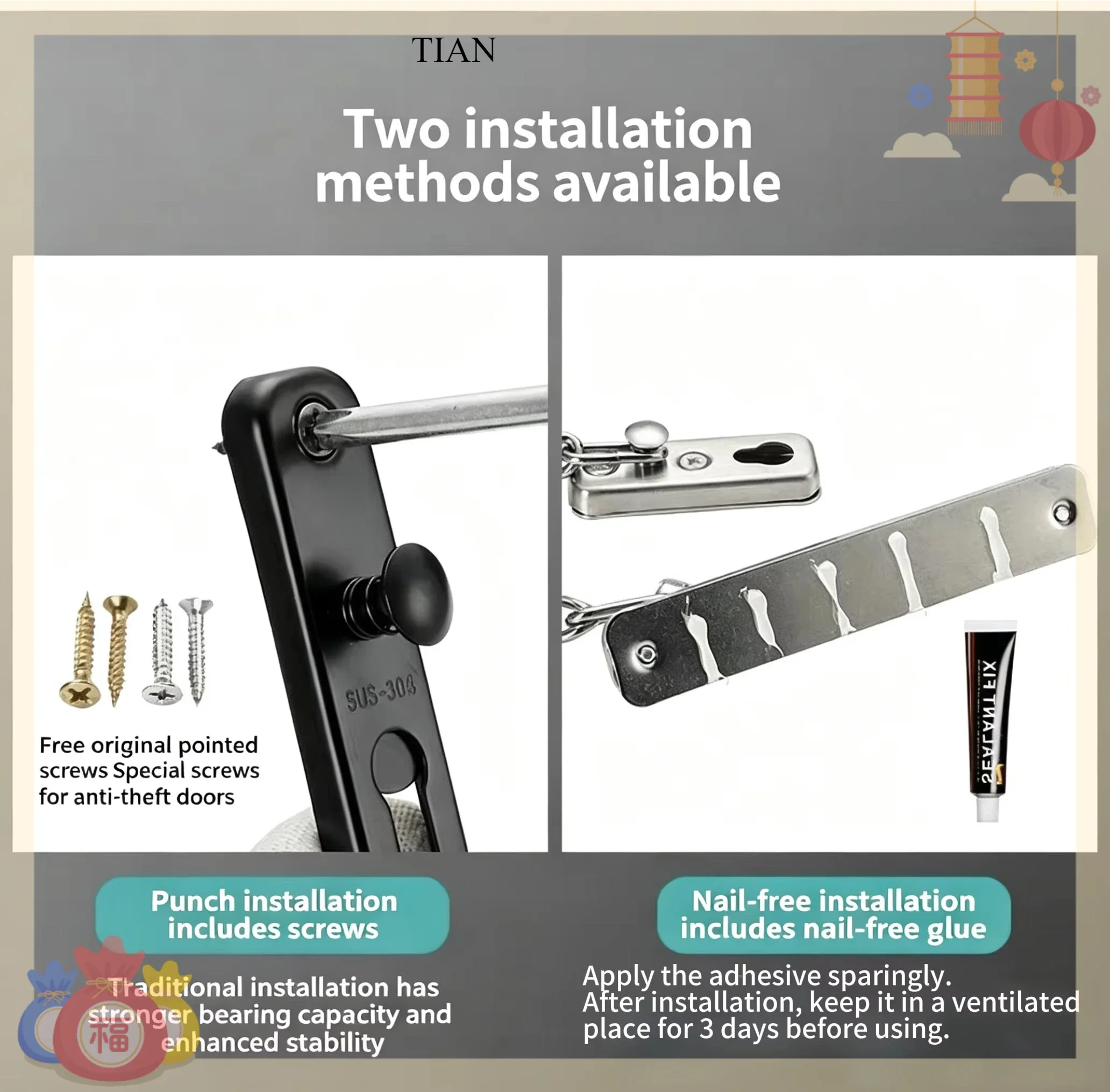 Security Chain Door - TIAN Zincirli Kapı Kilidi, Yaylı Güvenlik